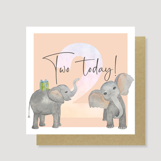 Two today! Elephant birthday card (Peach)