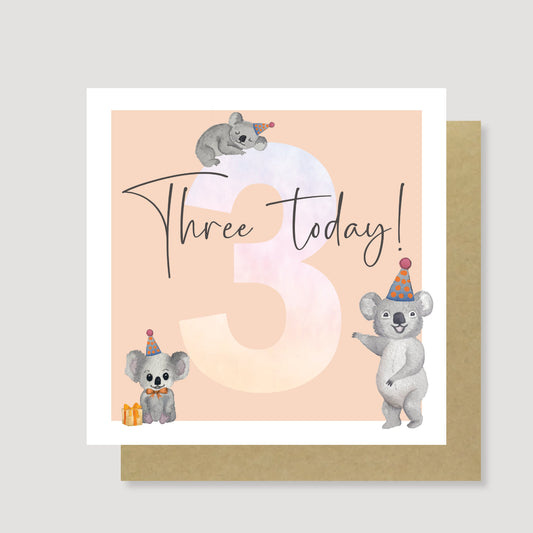 Three today! Koala birthday card (Peach)