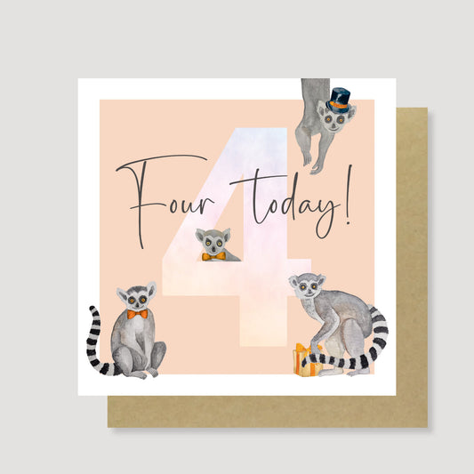 Four today! Lemur birthday card (Peach)