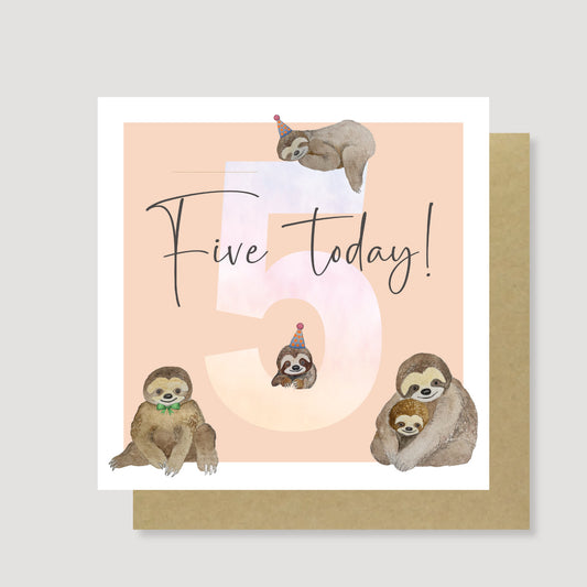 Five today! Sloth birthday card (Peach)