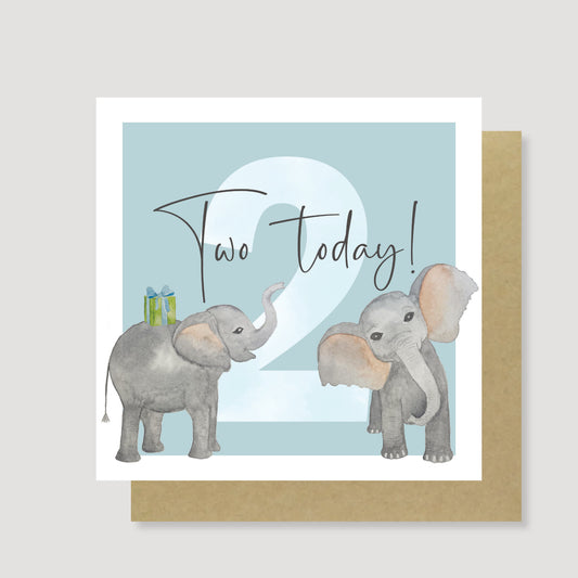 Two today! Elephant birthday card (Teal)