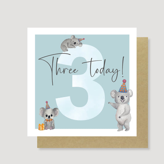 Three today! Koala birthday card (Teal)