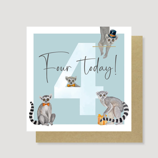 Four today! Lemur birthday card (Teal)