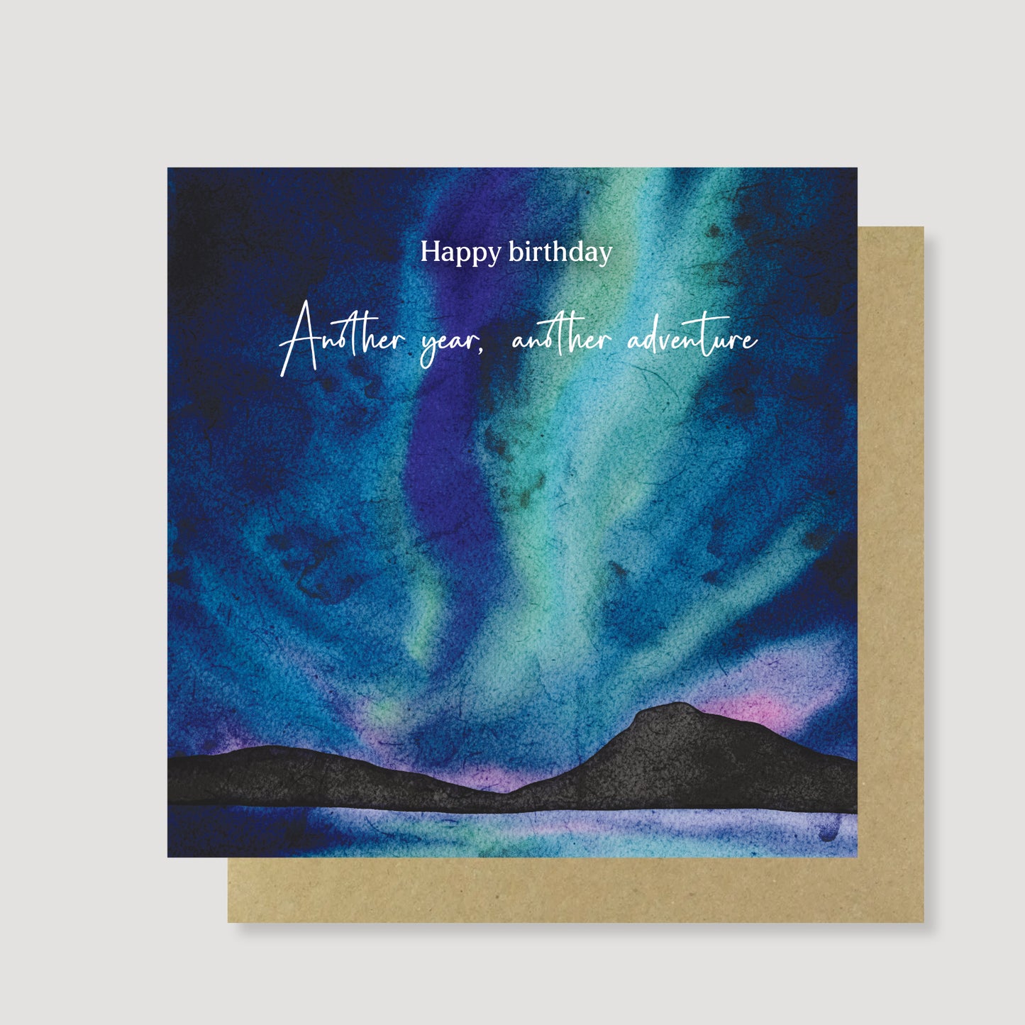 Northern lights mountains birthday card